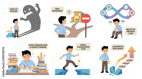 Mental health illustrations show coping with anxiety and stress through therapy and support