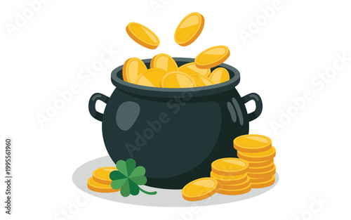 A pot of gold coins spills over with a shamrock nearby indoors.