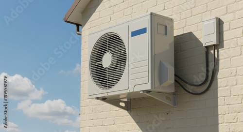 Air conditioning unit mounted on house exterior wall under blue sky  