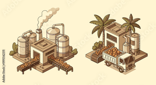 Isometric illustration depicting the agricultural journey of oranges from harvest to factory processing, showcasing the industrial stages of fruit production and delivery