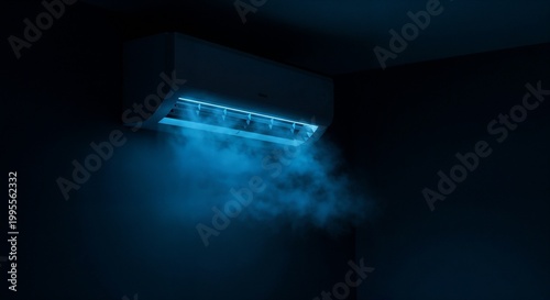 Air conditioning unit releasing cool mist in dark room  