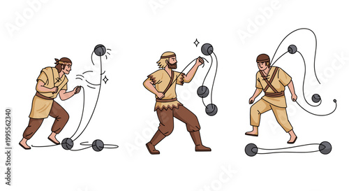 Dynamic illustration of ancient warriors honing their skills with bolas, depicting various stages of throwing and manipulation for hunting or combat, showcasing traditional weaponry practice