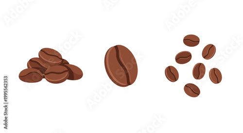 Stylized Vector Illustration of Coffee Beans in Various Arrangements, Ideal for Beverage Marketing, Cafe Menus, or Culinary Design Projects. Featuring Roasted and Raw Coffee Seeds for Graphic Elements
