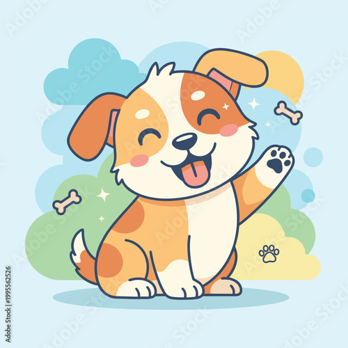 An exuberant and friendly cartoon dog with orange and white patches is enthusiastically waving its paw amidst playful, fluffy clouds and scattered dog bones.