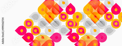 Abstract geometric pattern. Overlapping circles, squares create vibrant texture. Pink, orange, gray hues dominate composition. Modern design element.