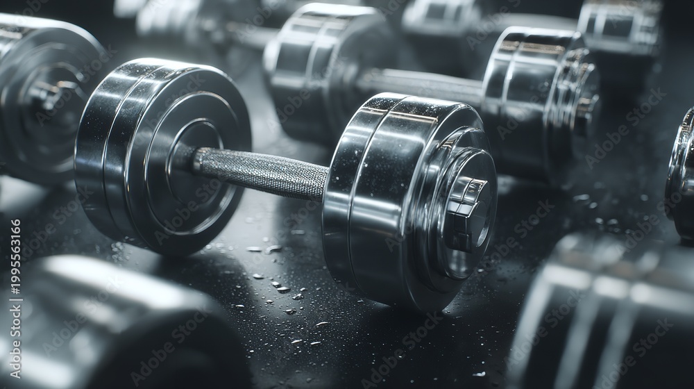 Fototapeta premium Close-up of shiny chrome dumbbells with water droplets on a dark surface.