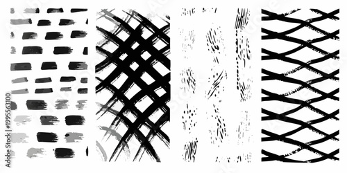 Abstract brushstroke patterns four vertical columns of black and white