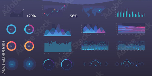 Abstract data visualization dashboard with charts graphs and statistical displays