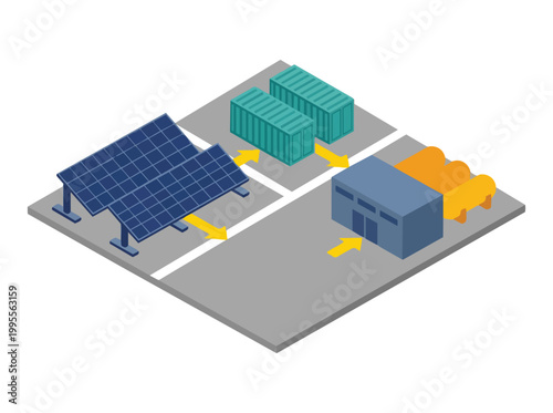 An isometric view of a renewable energy farm with solar panels generating power for a storage facility and industrial equipment.