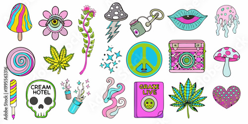 Colorful doodle stickers featuring psychedelic designs flowers and quirky objects