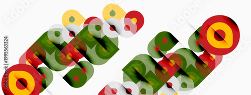 Abstract colorful shapes overlap, creating dynamic visual composition. Circles, squares, rectangles present playful design.