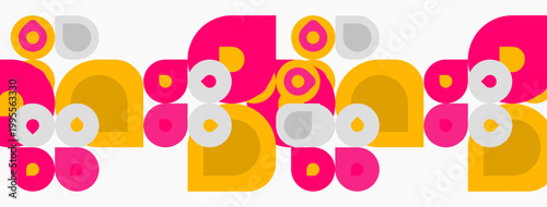 Retro pattern features overlapping circles, curved shapes. Pink, gold, gray hues create playful design. Seamless repeat suggests wallpaper or border.