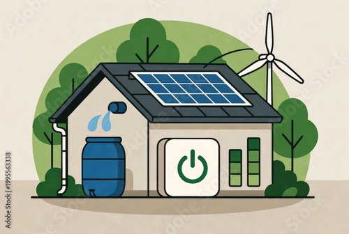 Smart eco-home with solar panels, wind turbine and rainwater harvesting: conceptual illustration of renewable energy.AI generative