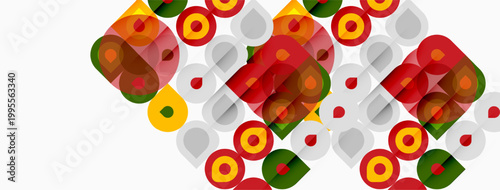 Abstract geometric pattern. Overlapping circles, squares create vibrant texture. Red, green, yellow hues dominate white background.