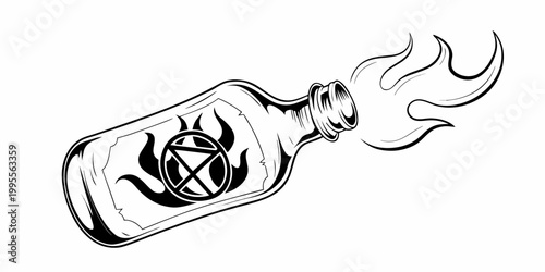 A black and white illustration of a bottle with flames and a symbol