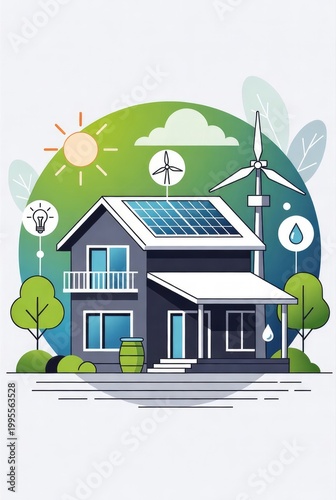 Smart eco-home with solar panels, wind turbine and rainwater harvesting: conceptual illustration of renewable energy.AI generative