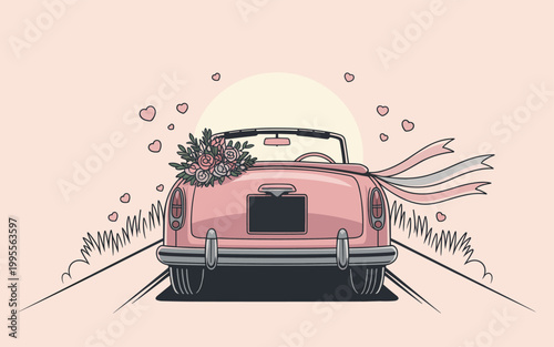 A pink vintage convertible drives away with a gift and flowers on a sunny road