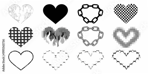Collection of diverse heart shapes and chain links in monochrome