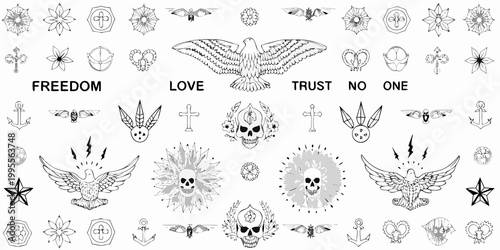 Collection of vintage style tattoo flash designs in black and white