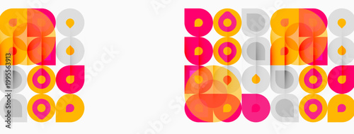 Abstract geometric pattern. Circles, squares, rectangles overlap creating vibrant visual texture. Pink, orange, gray hues dominate composition.