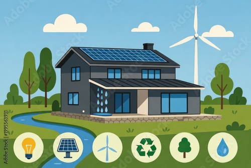 Smart eco-home with solar panels, wind turbine and rainwater harvesting: conceptual illustration of renewable energy.AI generative