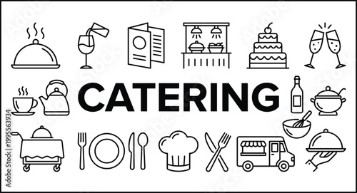 Catering service line icon set featuring food delivery kitchen tools restaurant elements and hospitality outline vector collection