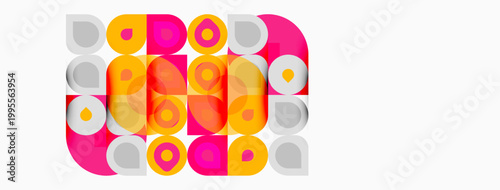 Abstract geometric pattern. Circles overlap creating vibrant colorful design. Pink, orange, yellow hues dominate composition. Modern aesthetic.