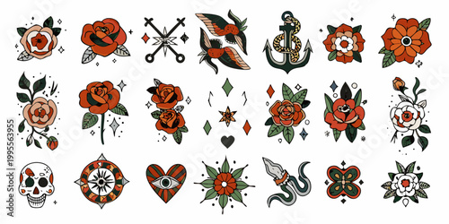 Collection of vintage style temporary tattoos featuring flowers birds and symbols