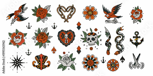 Collection of traditional tattoo flash designs with floral and symbolic motifs