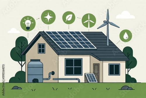 Smart eco-home with solar panels, wind turbine and rainwater harvesting: conceptual illustration of renewable energy.AI generative
