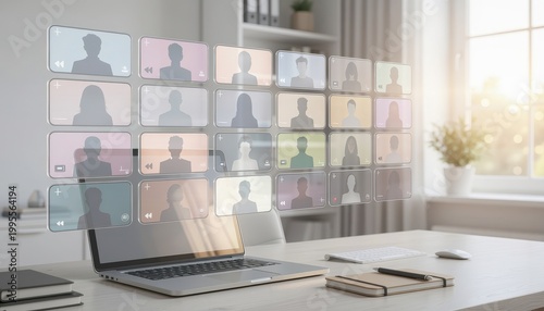 Hybrid work environment concept. Virtual video conference with multiple participants displayed above a laptop.