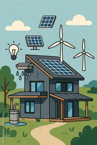 Smart eco-home with solar panels, wind turbine and rainwater harvesting: conceptual illustration of renewable energy.AI generative