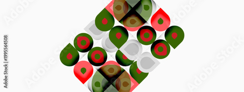 Geometric pattern features overlapping circles. Colors include red, green, brown, gray. Design appears rotated, creating dynamic visual effect.
