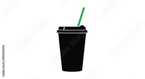 Simple black silhouette of a disposable coffee cup with a green straw