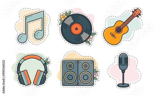 A colorful illustration of music icons including a note guitar record headphones speaker and microphone