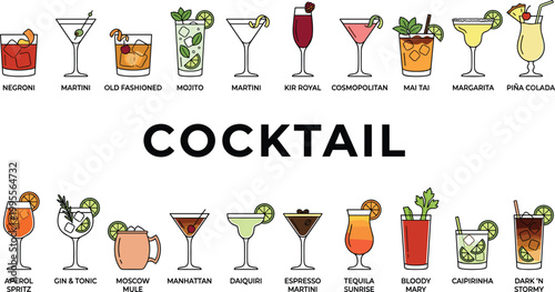 Cocktail drink collection illustration featuring classic alcoholic beverages colorful glasses bar menu items and mixology themed vector set