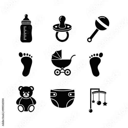 Baby care and nursery icons set.
