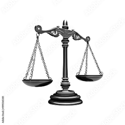 Konstfotografi Classic justice scale with halftone texture, monochrome illustration isolated on white