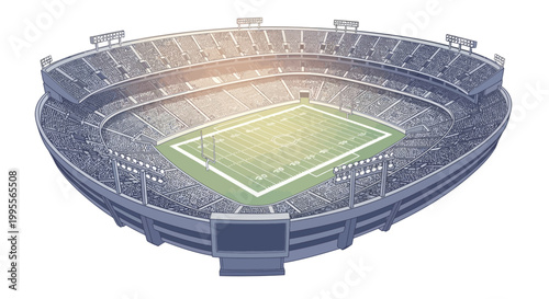 Vector illustration of a football stadium as a cartoon icon, designed with detailed field lines, corner flags, and seating tribunes to represent a lively soccer event against a clean white