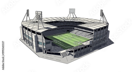 An illustrated vector design of a modern football stadium showcases the tribune, field area, goals, and nets, rendered in a flat style with a clean white background, conveying a sense