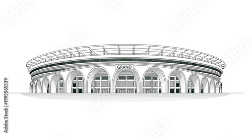 Detailed vector illustration of a football stadium design, featuring tribune seating and field area elements, all rendered in a clean, minimalist black and white style against a bright