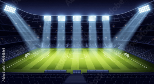An illustration depicts a brightly lit football stadium, showcasing its expansive field area with goals and corner flags, designed in a cartoon style against a dark background