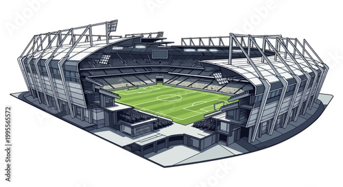 Detailed vector illustration of a football stadium, showcasing the field, seating tribune, and architectural design, set against a clean white background with a focus on the event