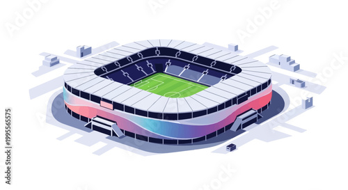 Isometric vector illustration of a football stadium design showcasing the field area, goals, nets, and corner flags, set against a clean white background, creating a vibrant and energetic