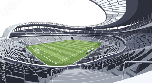 Wide-angle vector illustration depicting a vast soccer stadium with detailed seating and a vibrant green field, designed with a modern architectural style and conveying a sense of grand