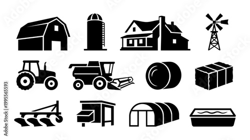 Farm Buildings and Machinery Silhouette Set – Agricultural Equipment and Farm Structures Icons