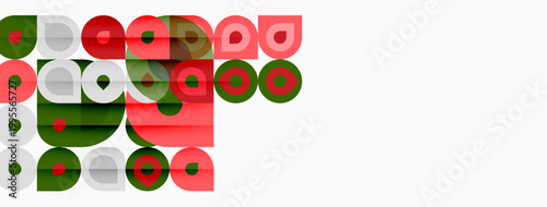 Abstract composition featuring overlapping circles, rectangles. Green, red hues dominate white background. Minimalist design, geometric shapes present.
