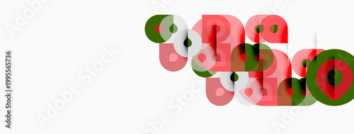 Abstract design features overlapping circles, red, green, pale pink hues. Minimalist composition on white background. Simple geometric forms present.
