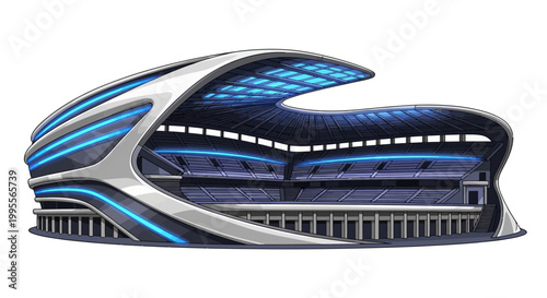 Vector illustration of a modern football stadium, with blue lighting and a sleek, futuristic design, set against a clean white background conveying a sense of technological advancement