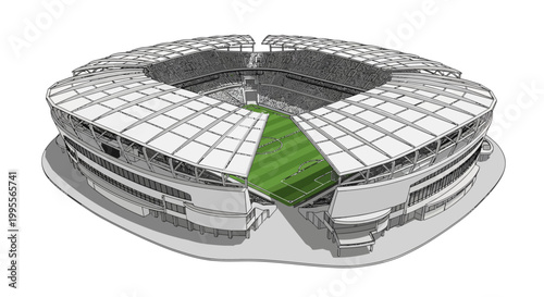 A detailed vector illustration showcases a football stadium design, complete with tribunes and field area, rendered with clean lines against a plain white background, displaying a modern